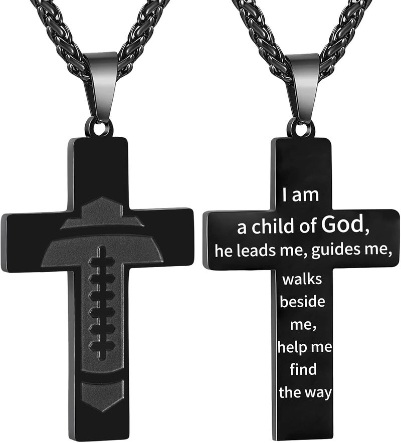 GLITTO Store Football Cross Necklace for Kids Teen Boys - Inspirational Bible Verse Religious Christian Gift - Image 1